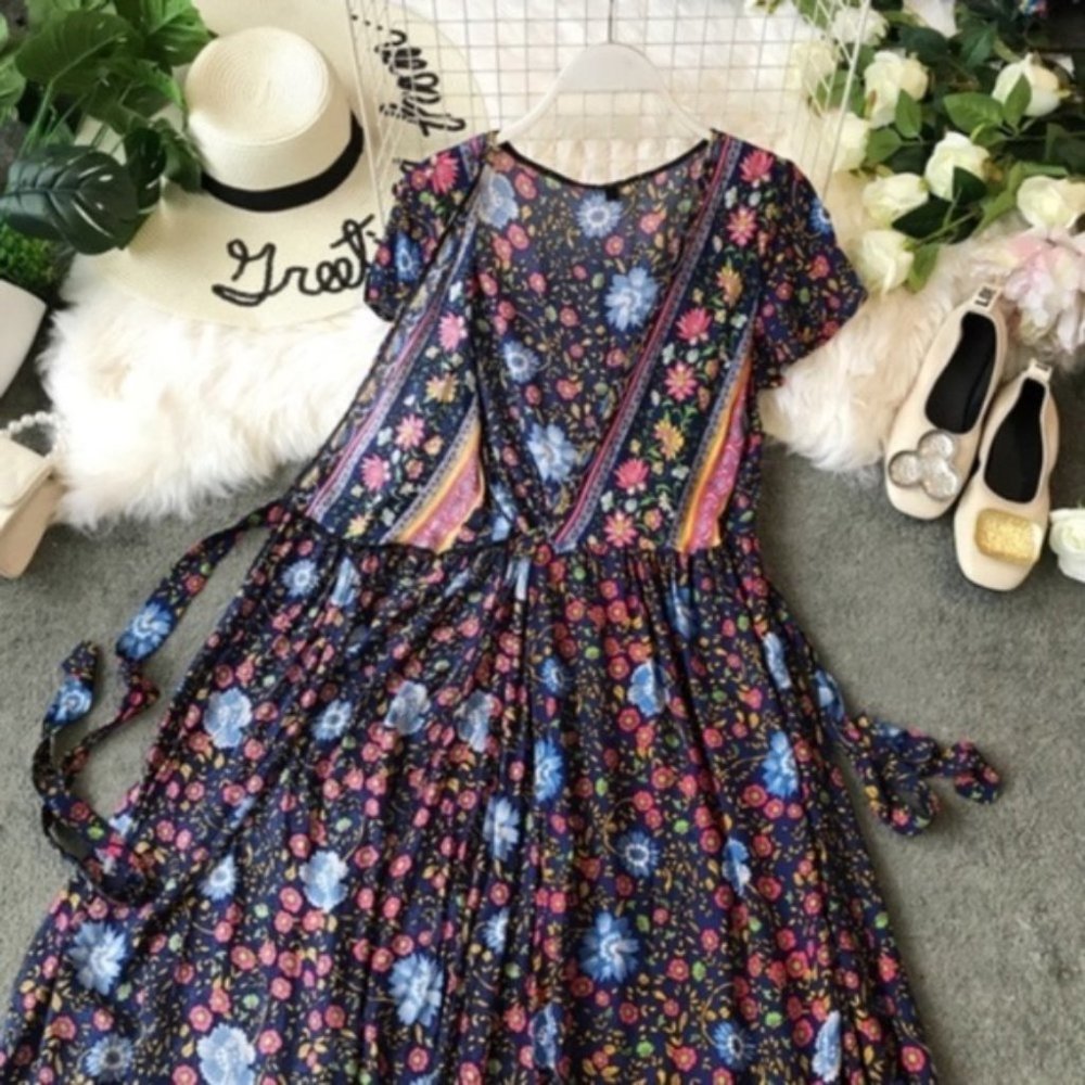 Boho Gypsy Navy Floral Print wrap midi Dress - Picture 6 of 7